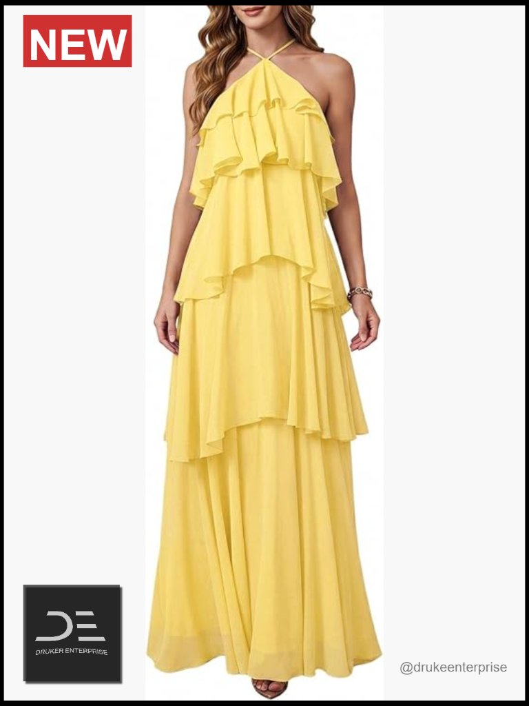 Ruffle Halter Backless Flowy Formal Maxi Dress For Wedding Guest
